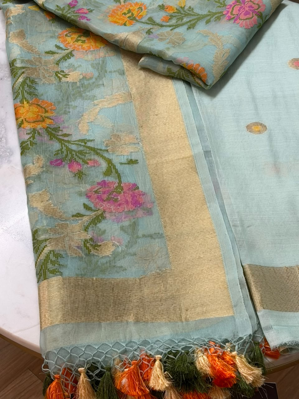 Banarasi Chiniya silk with kora silk jaal kadhua dupatta 