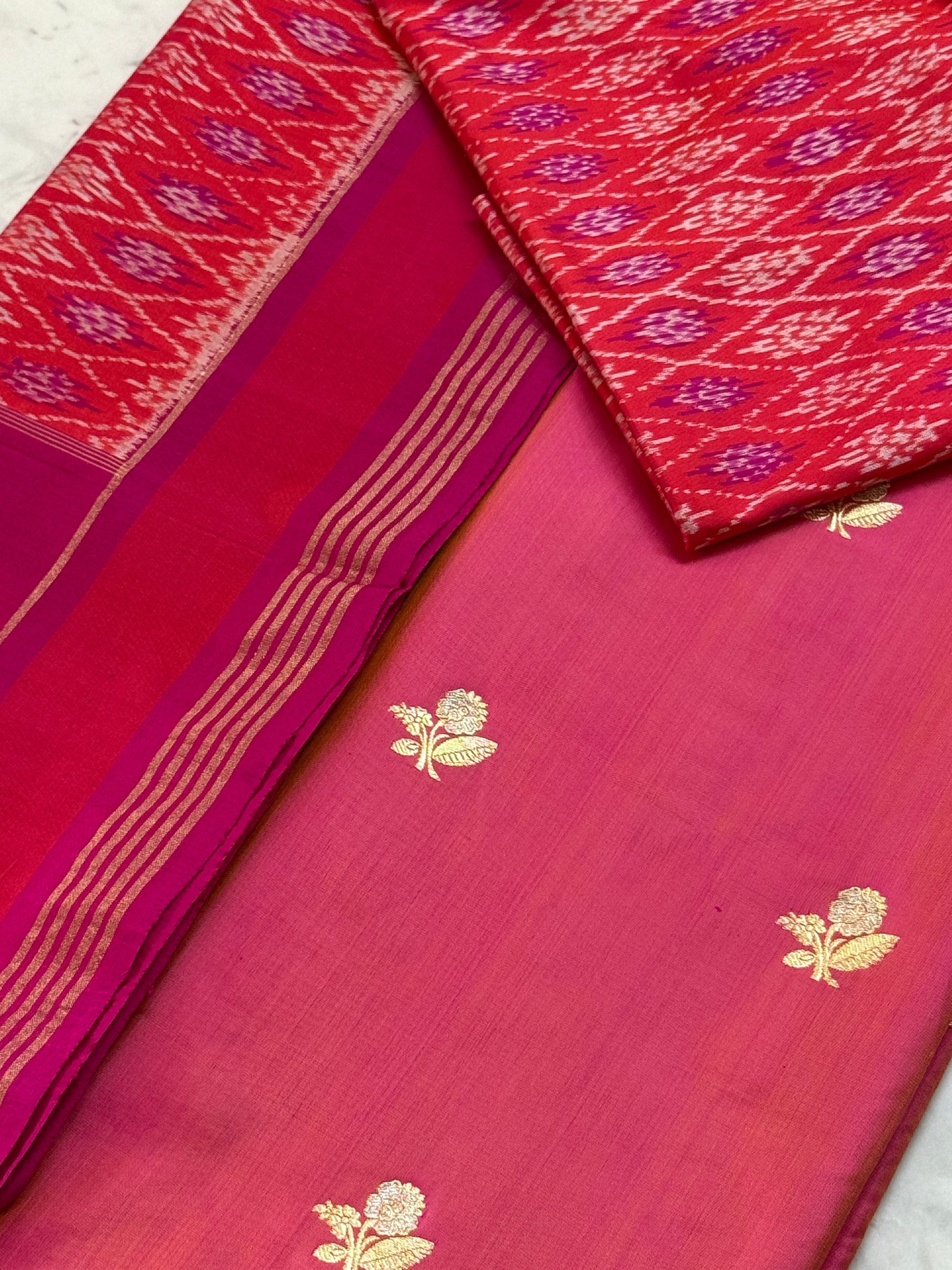 Katan Silk Suit With Ikat Silk Dupatta 
