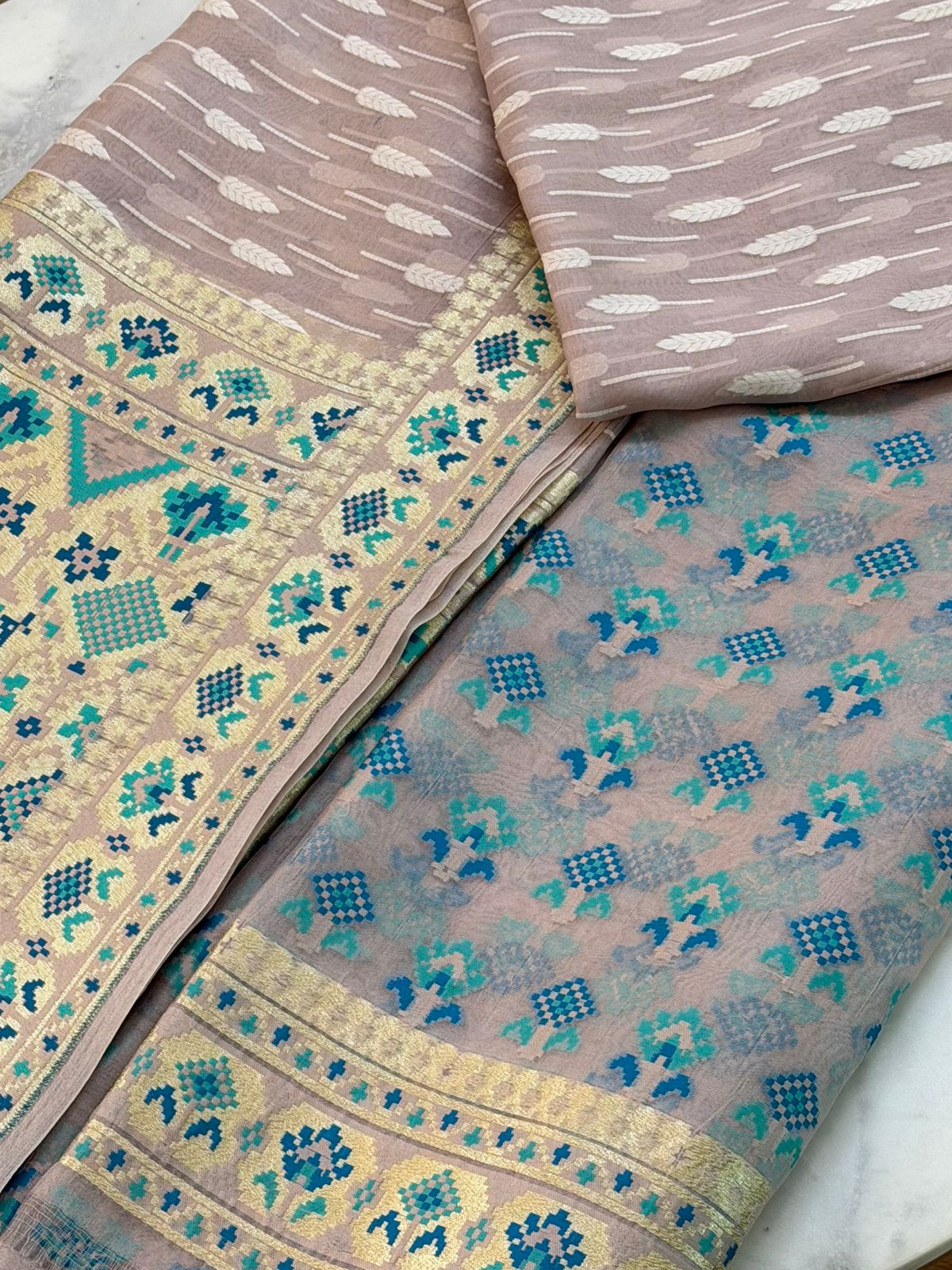 Kora silk suit set with Resham weaving 
