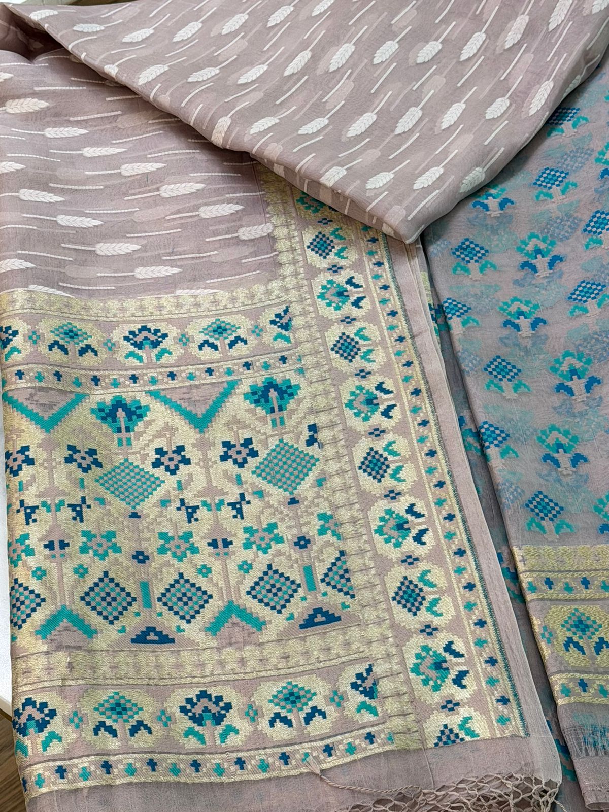 Kora silk suit set with Resham weaving 