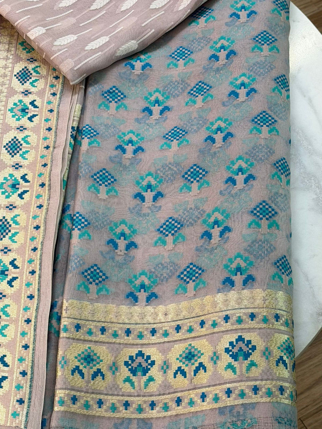 Kora silk suit set with Resham weaving 